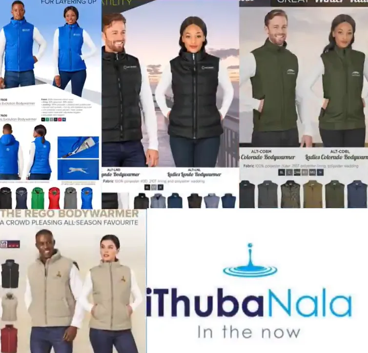 Corporate bodywarmers from the all-season layering range supplied by Ithuba Nala, shown in several colourways.