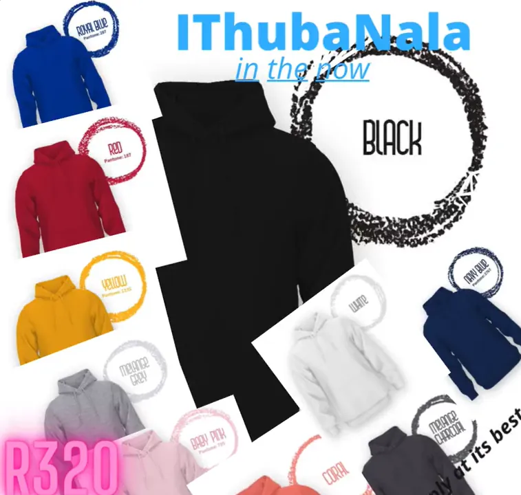 The hooded sweatshirt range supplied by Ithuba Nala, shown in royal blue, red, yellow, melange grey, baby pink, coral, white, navy, charcoal and black.