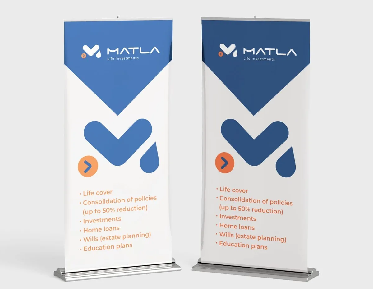 Two pull-up banners produced for Matla Life Investments, printed with the company logo and its list of financial products.