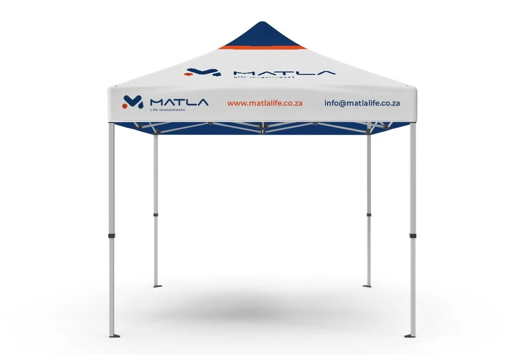 A branded 3x3 gazebo produced for Matla Life Investments, printed with the company logo, website and email address.