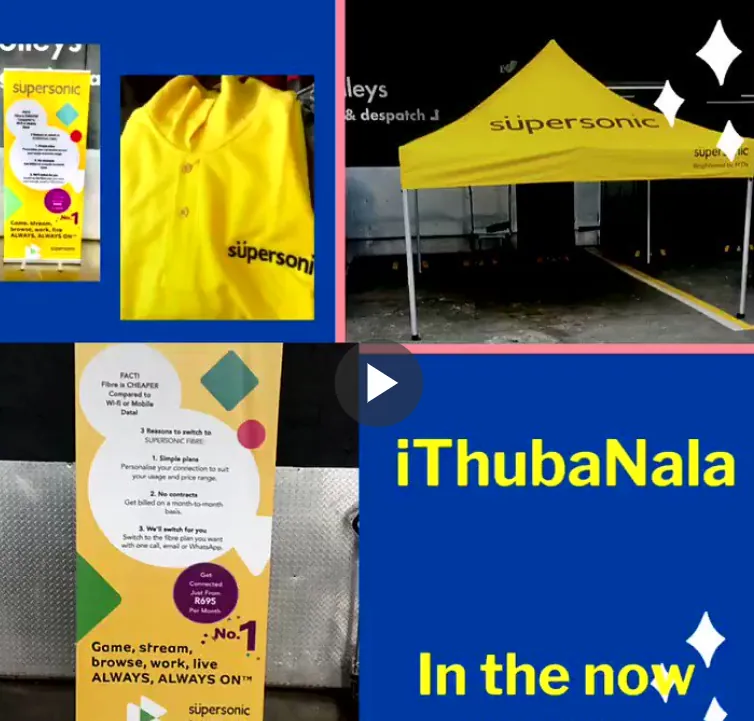 Branded collateral produced for Supersonic: a yellow golf shirt, a branded gazebo and a printed pull-up banner.